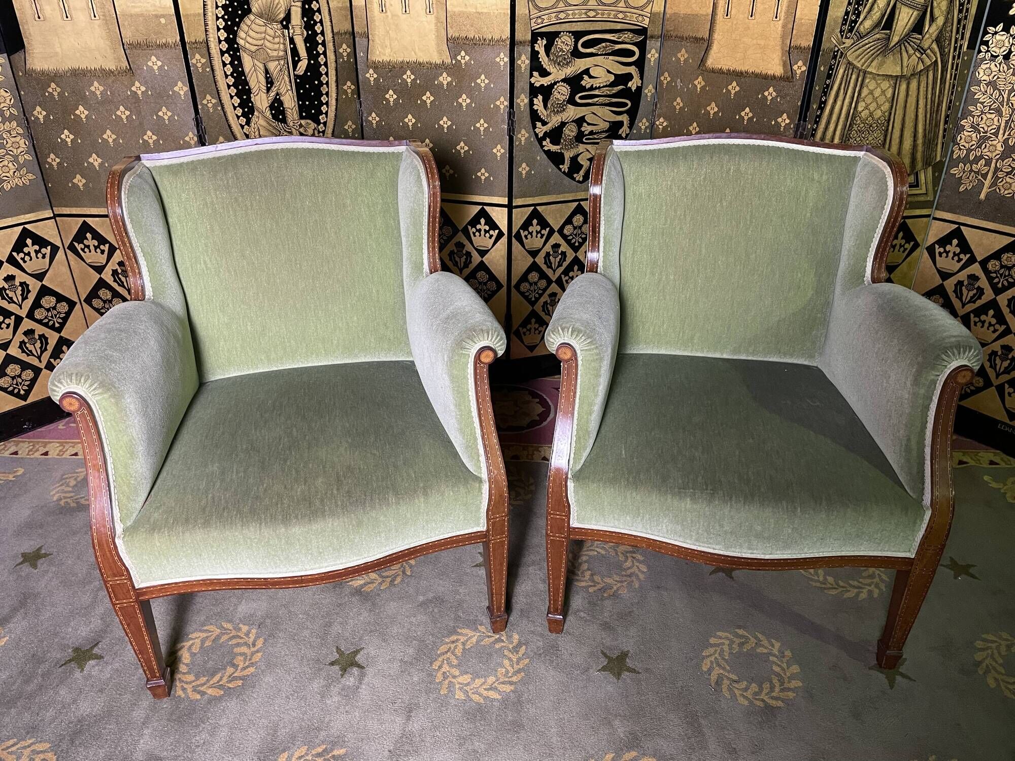 Pair of English armchairs green velvet
