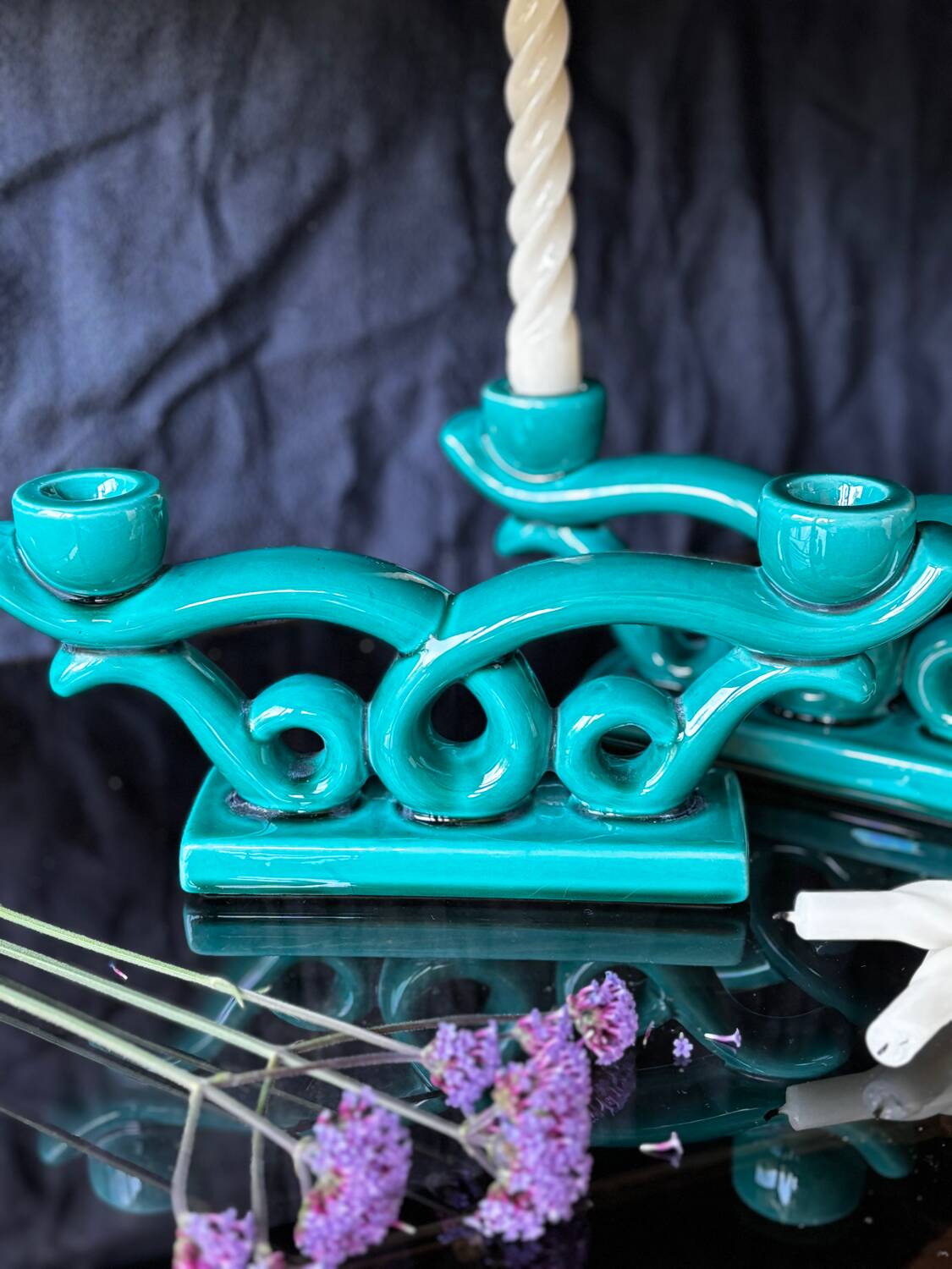 Set of 2 turquoise enamelled ceramic candle holders