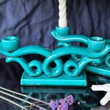 Set of 2 turquoise enamelled ceramic candle holders