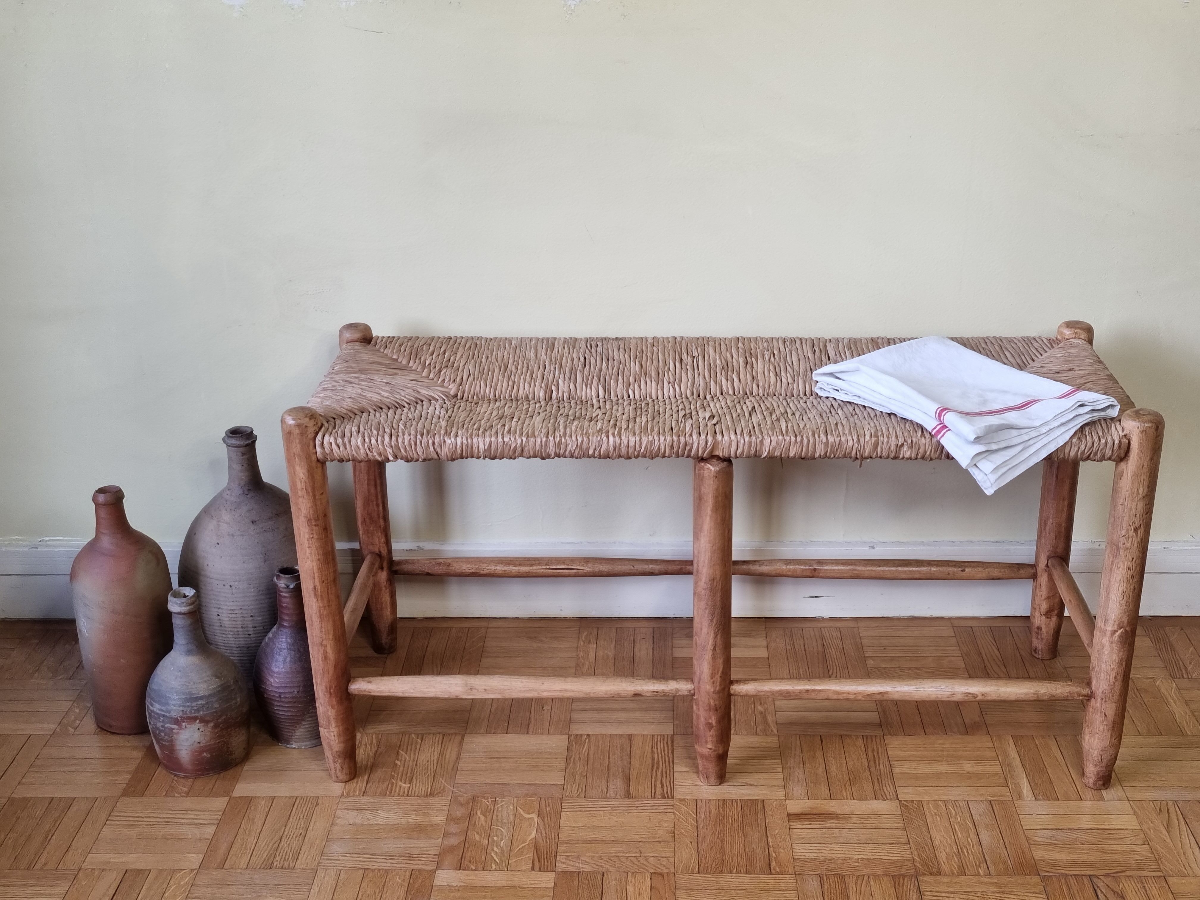Wooden entrance bench and vintage straw 90 cm