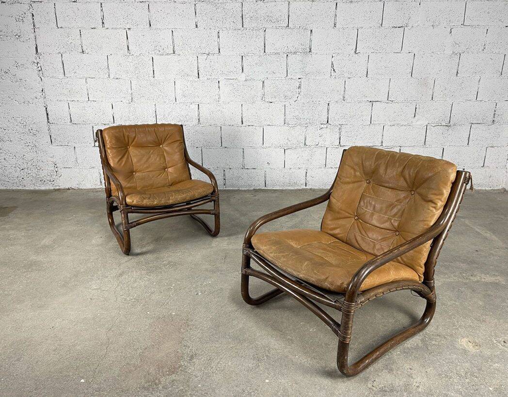 Vintage bamboo and leather armchairs from the 60s