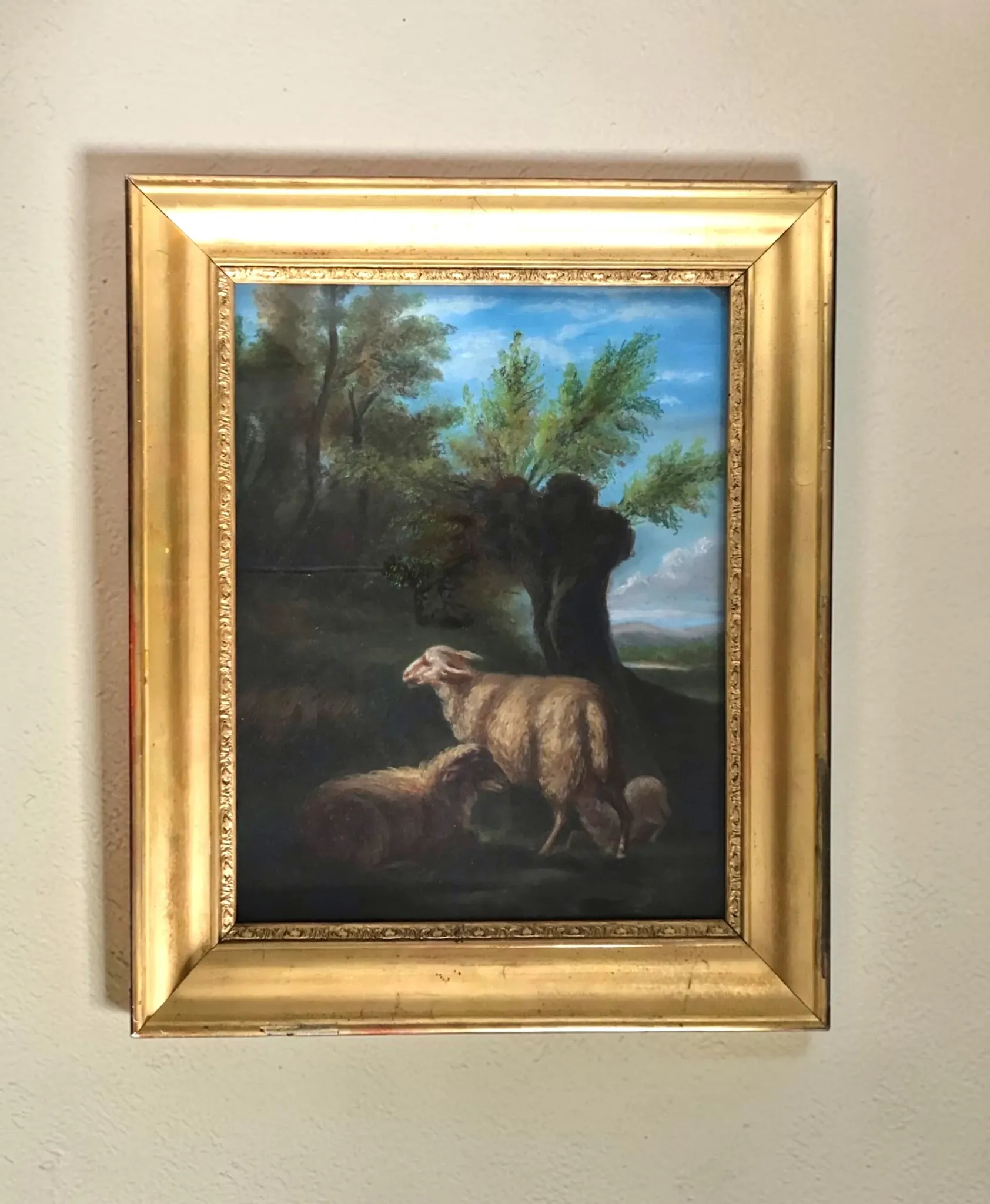 French school, pastel animated landscape with sheep from the early 20th century.