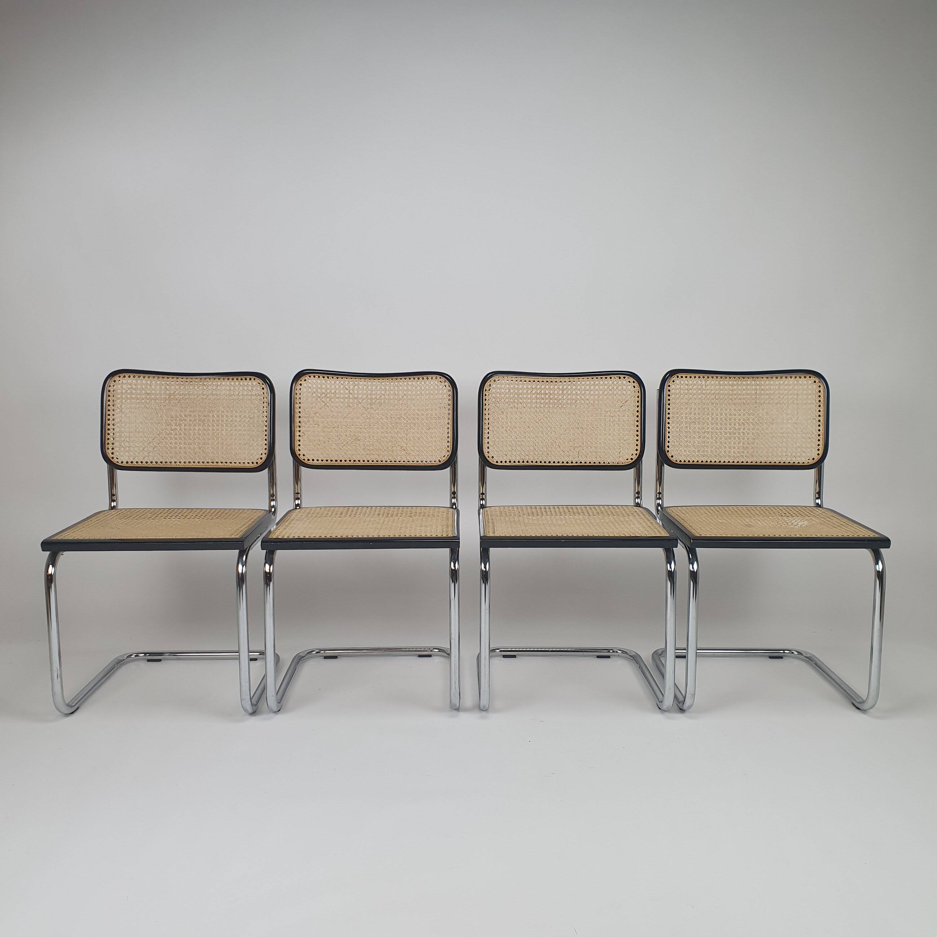 4 tubular frame and cane cantilever dining chairs by Marcel Breuer, Italy, 1970s