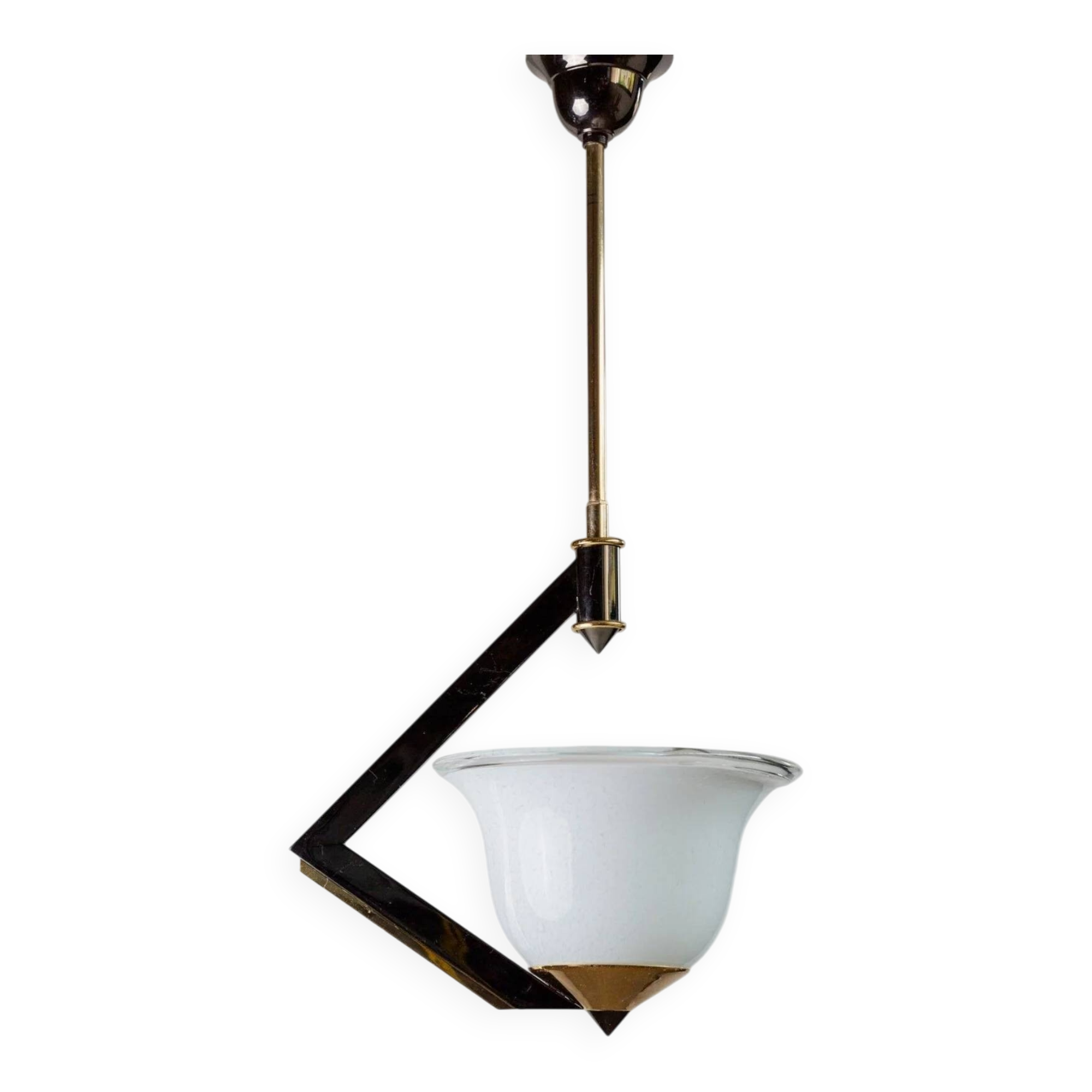 White Murano Glass Ceiling Lamp with Gold Metal Trim – 1980s Italian Vintage Triangular Chandelier