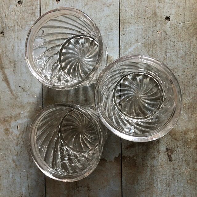3 old bubbled glass jam jars