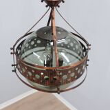 Pair of 1970s Brutalist Copper and Blown Glass Green Bottle Pendant Lamps