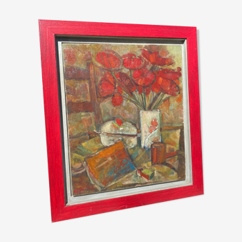 Still life with red flowers signed