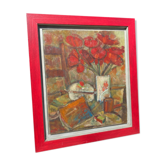 Still life with red flowers signed