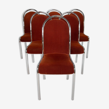 Ensemble de 6 chaises de salle à manger en belgique à cadre tubulaire et en velours, années 1970