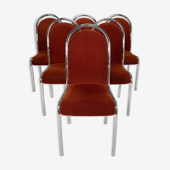 Set of 6 Belgium Tubular Frame and Velvet Dining Chairs, 1970s