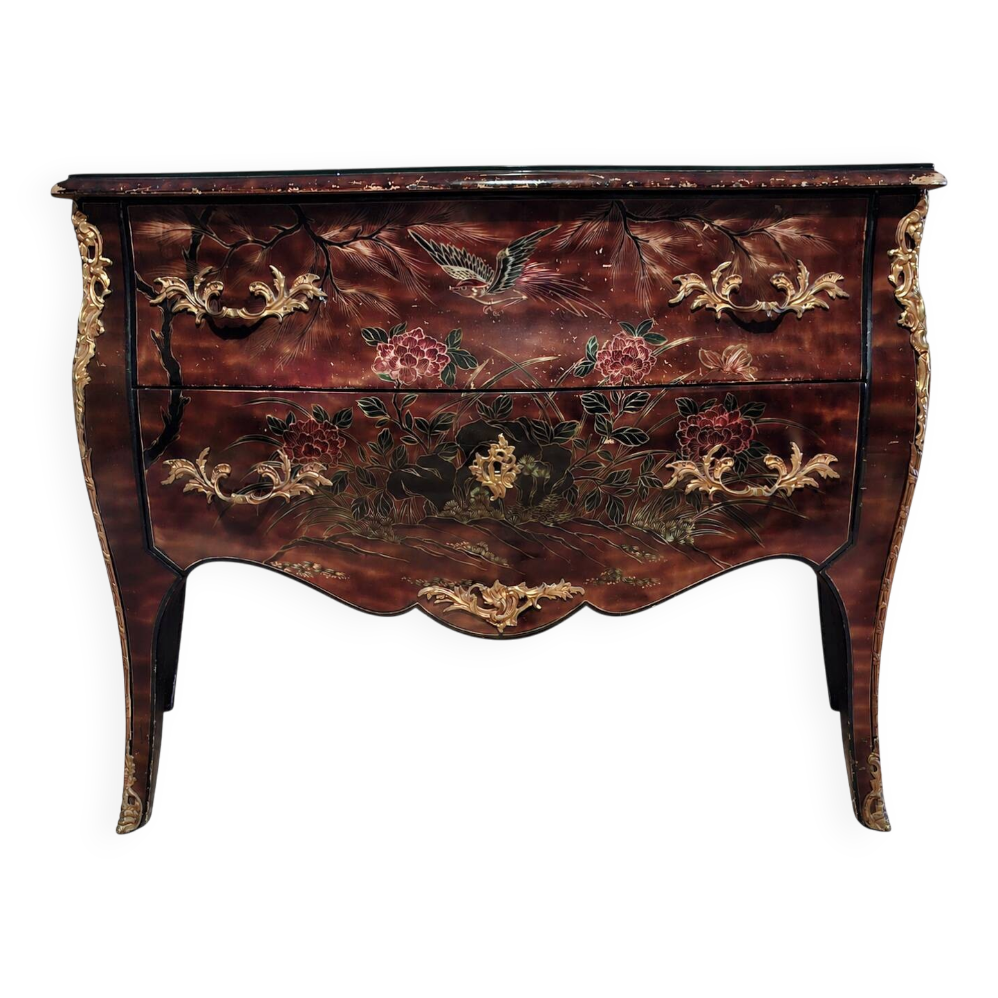 Commode sauteuse galbée en laque à décor Chinois époque début XXeme (om)