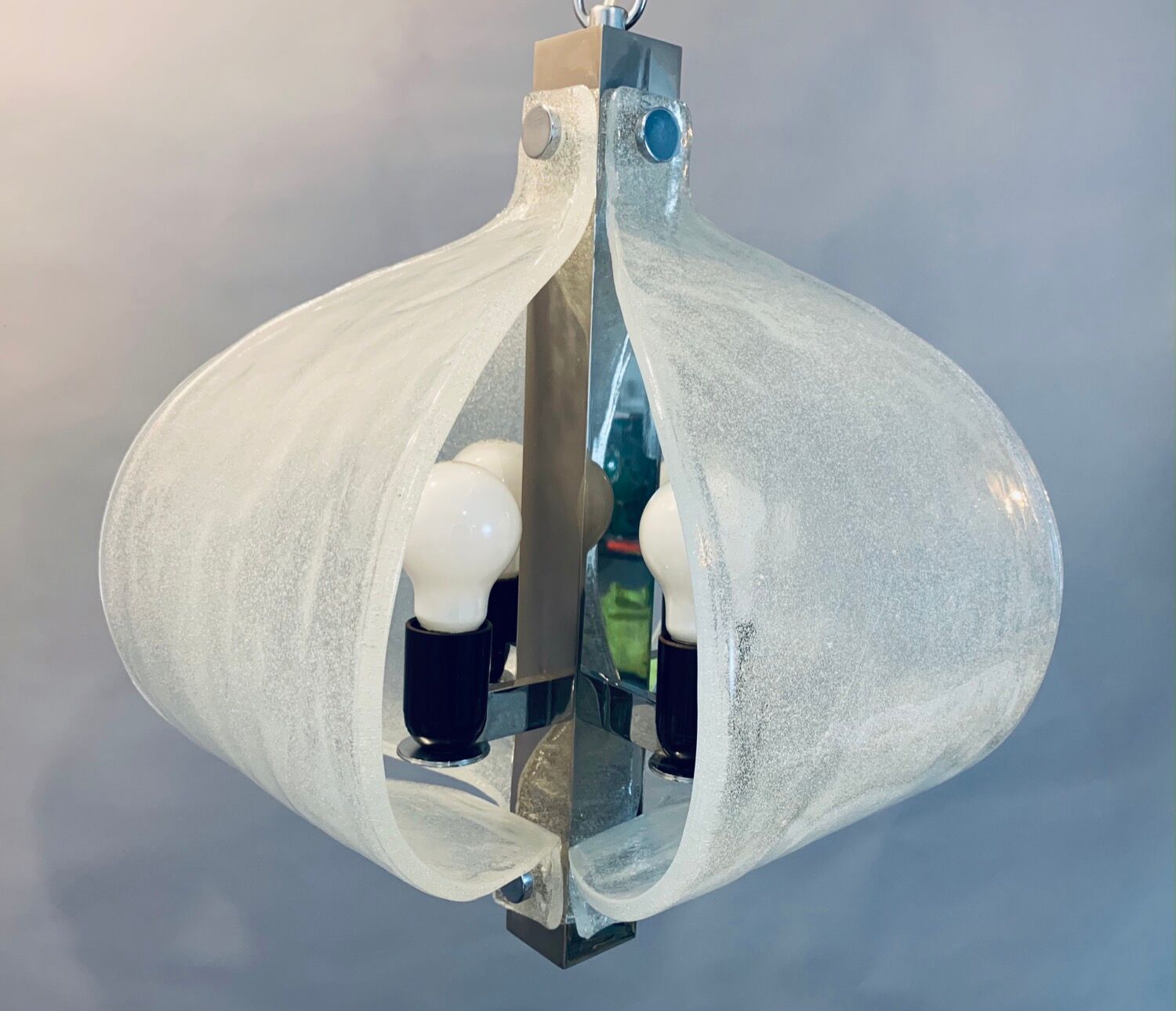 1960s Kaiser Leuchten Murano Frosted Glass and Chrome Ceiling Hanging Light