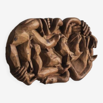 Wooden wall sculpture, an art carving by Preben P., Denmark, 1993