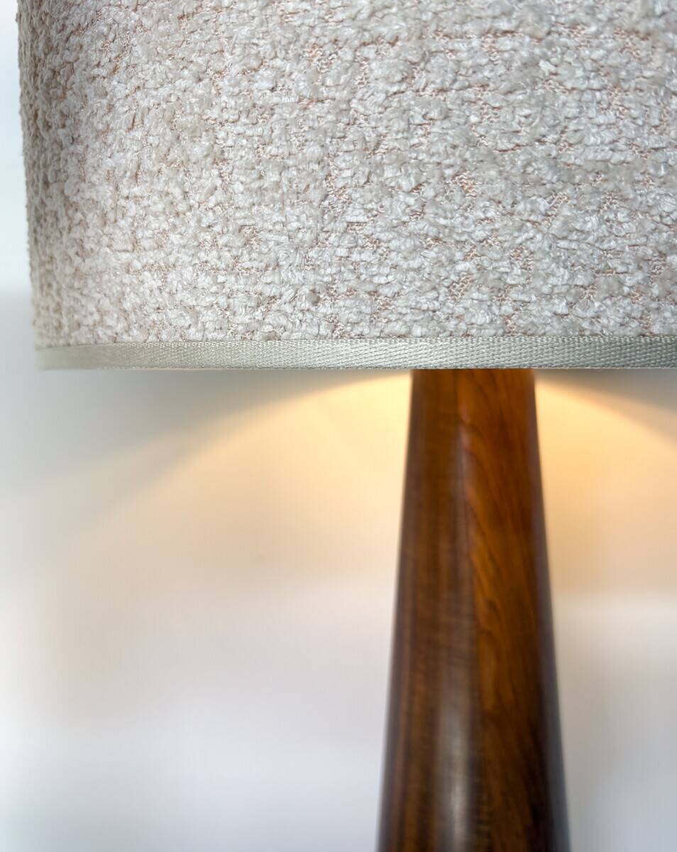 Pair of Modern Conical Wooden Table Lamps, Bouclé Lampshade,Italy