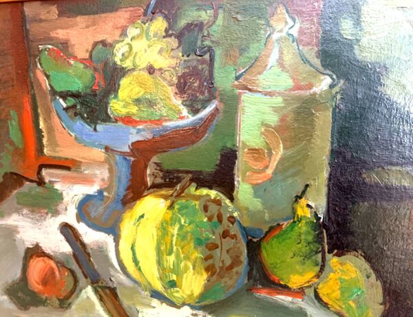 Marcel Cramoysan.XXeme.nature morte .huile sur isorel signée et datée 1946