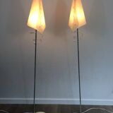 Pair of designer parquet floor lamps composed of lacquered metal and chrome bases and designer white plastic lampshades