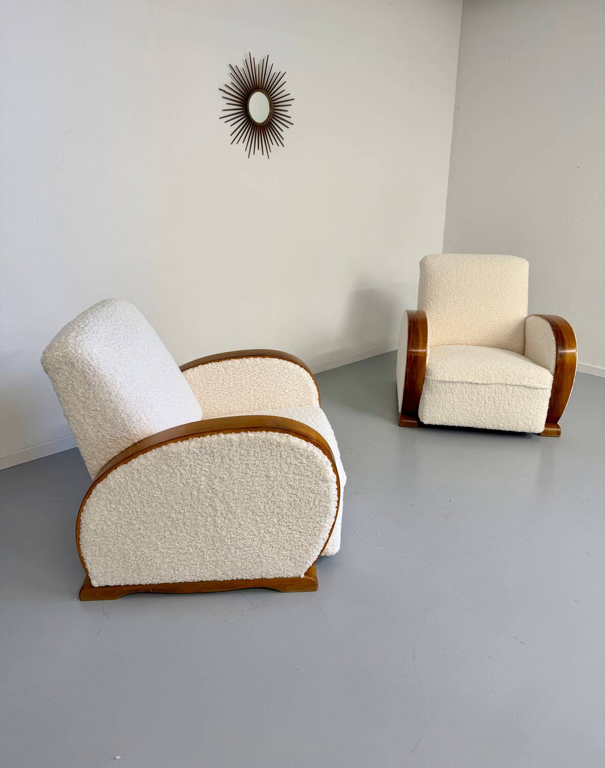2 antique Art Deco club chairs from the 1930s, bentwood frame, bouclé fabric