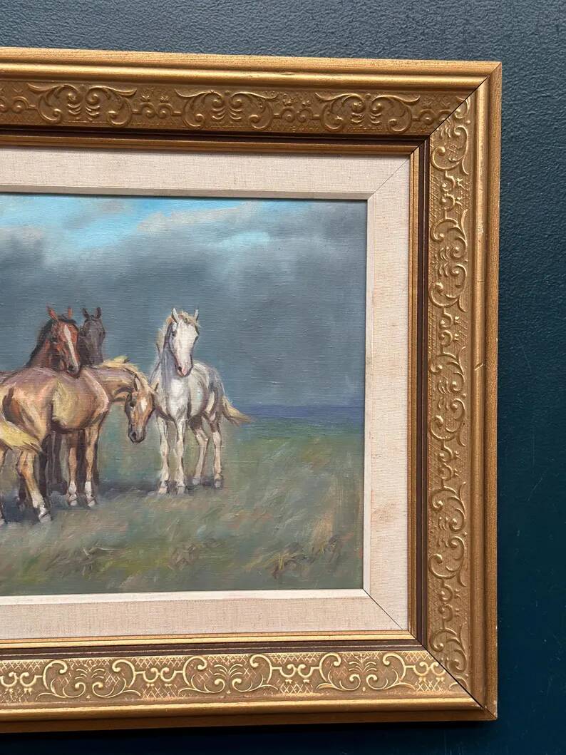 Original Swedish Oil on Canvas – “Horses” – Signed – Vintage & Framed – 59.5 × 49.5 cm