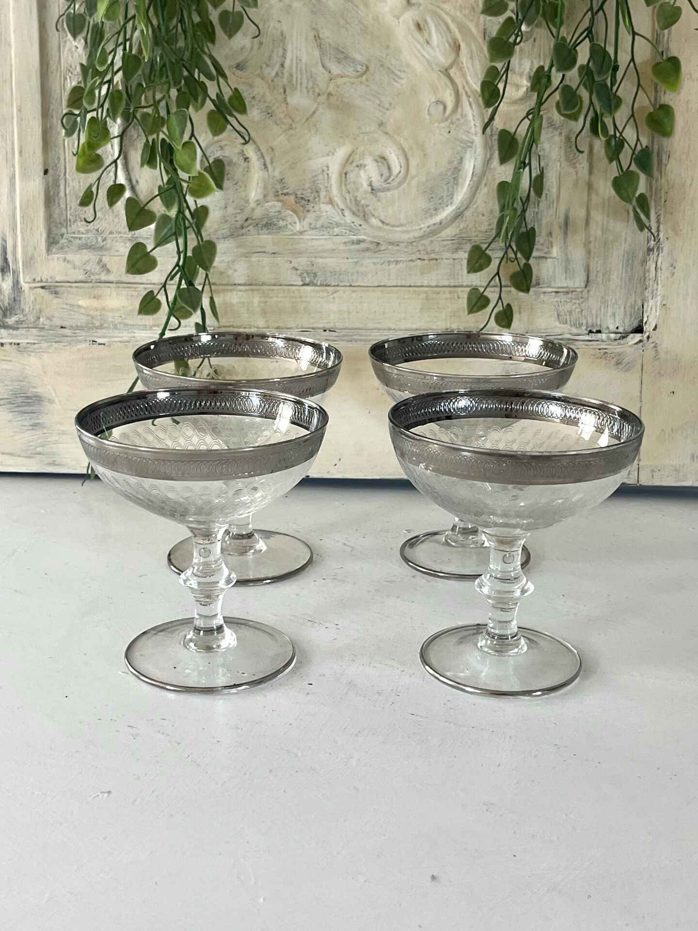 Etched silver rim cocktail coupe glasses set mid century barware