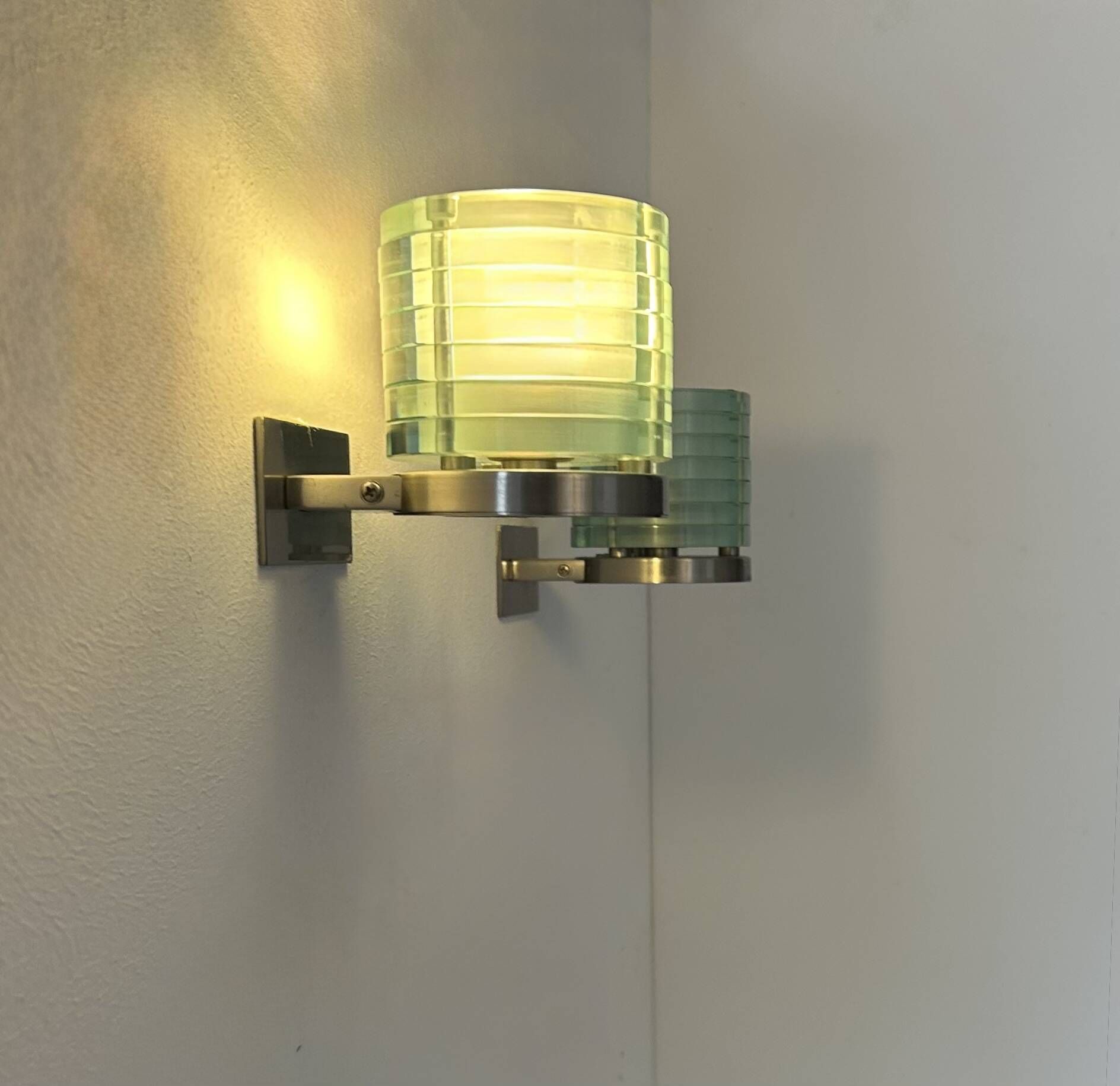 Pair of vintage post-modernist wall lights, glass and metal, Belgium, 1990