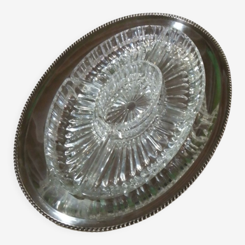 Silver metal dish and its 5 crystal ramekins