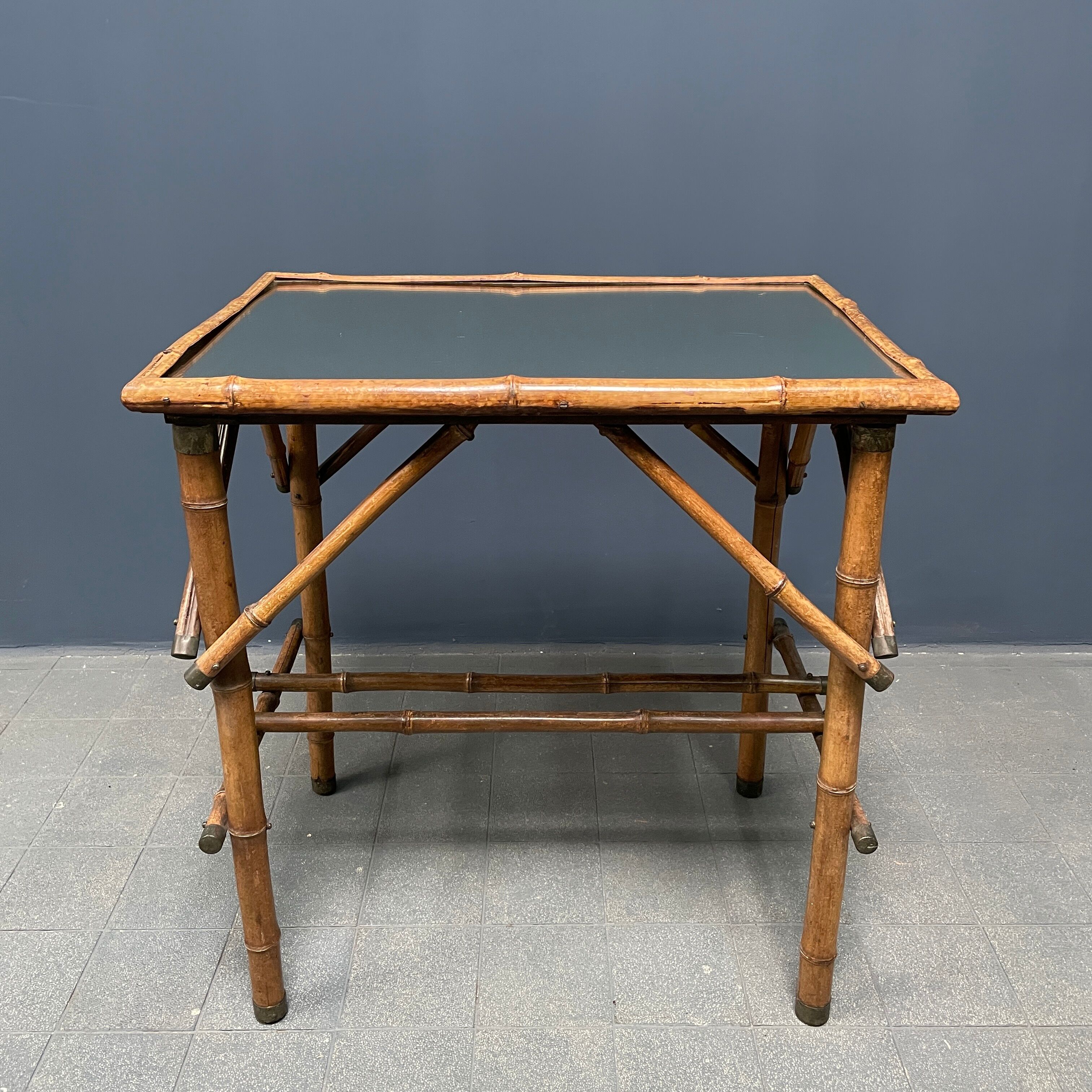 Bamboo side table with mirror top from France, 1940s
