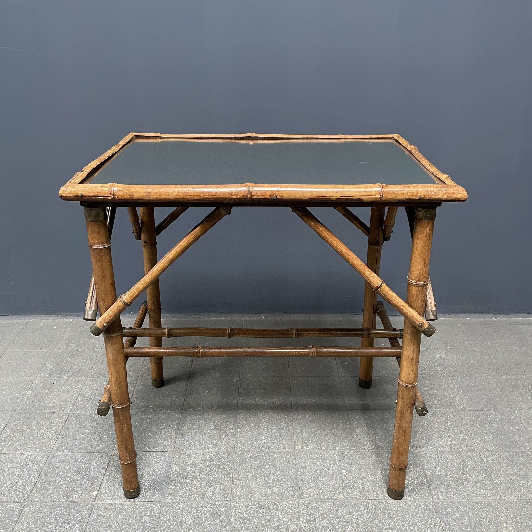 Bamboo side table with mirror top from France, 1940s