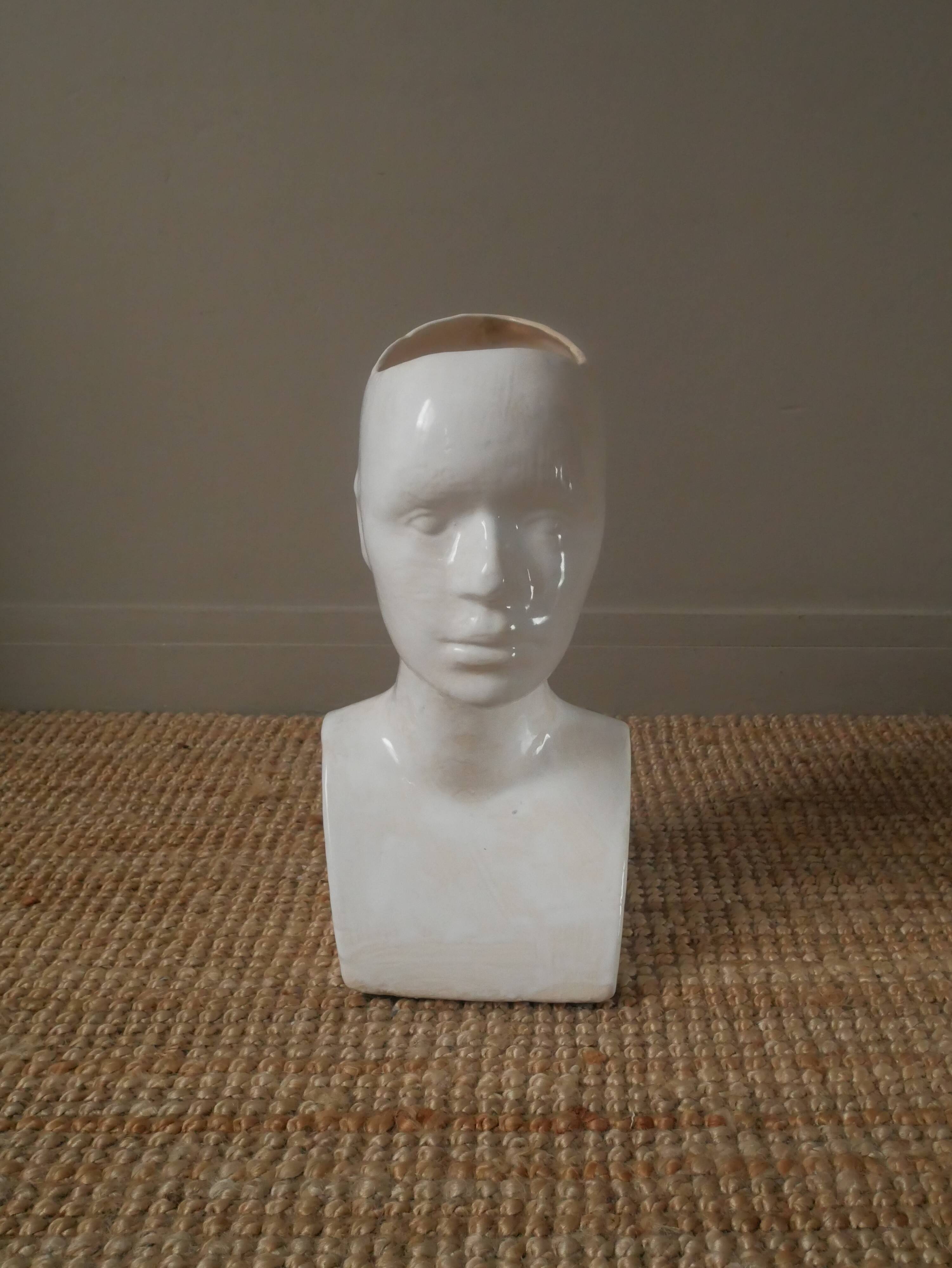 Vintage design vase 70s enamelled ceramic bust sculpture head face