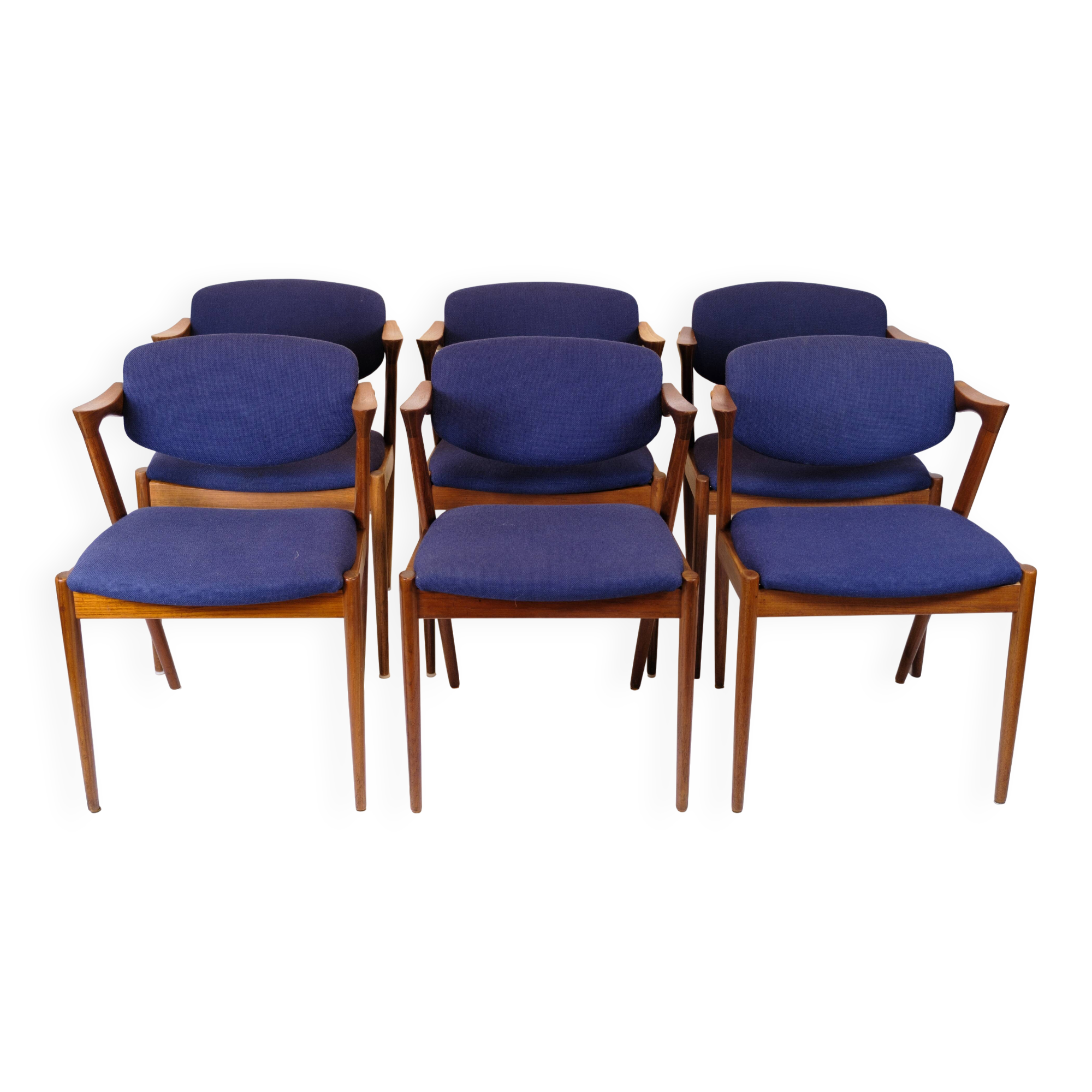 Set of six dining chairs - Model 42 - teak & blue fabric - Kai Kristiansen - Schou Andersen - 1960s