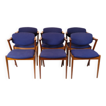 Set of six dining chairs - Model 42 - teak & blue fabric - Kai Kristiansen - Schou Andersen - 1960s