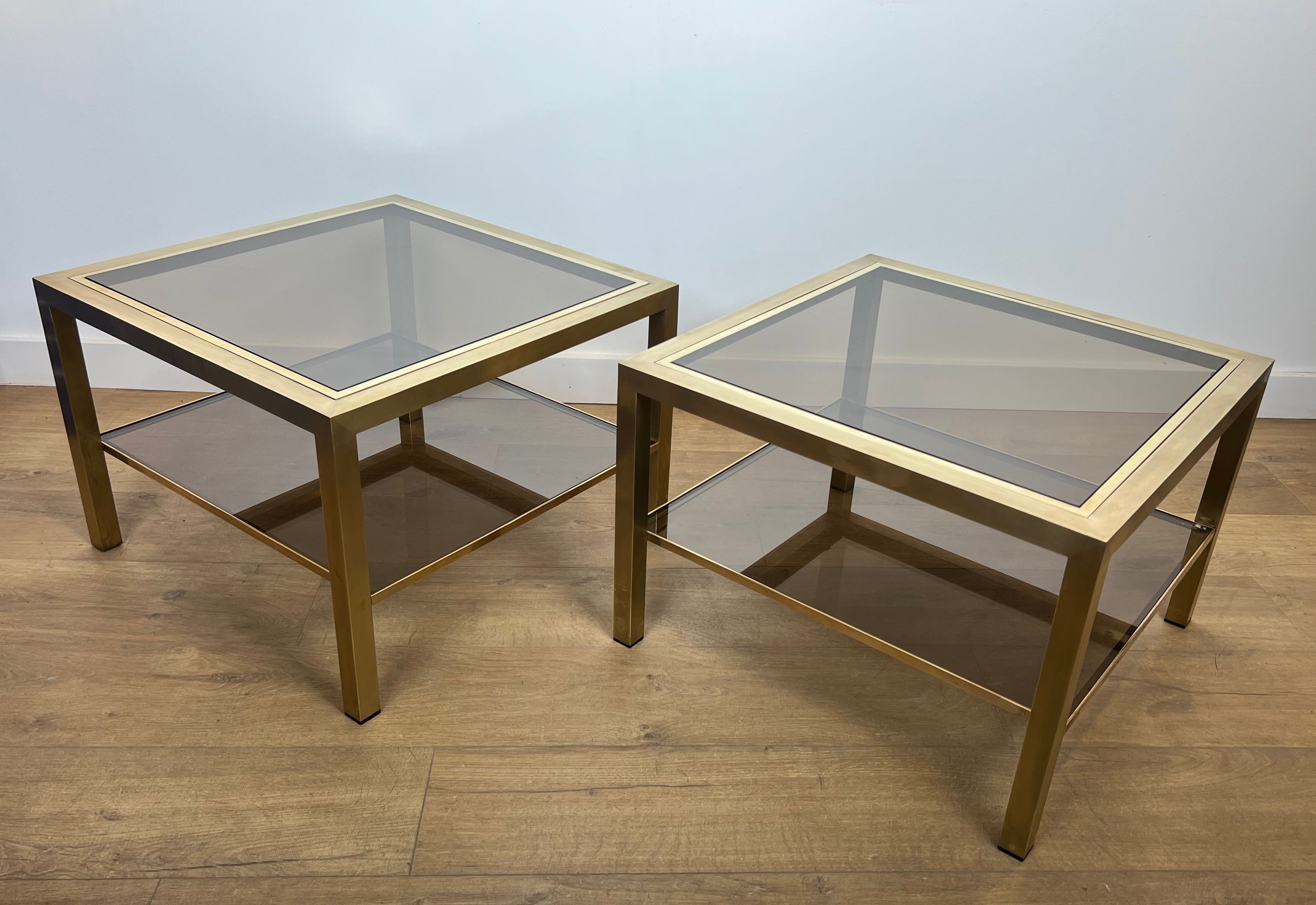Pair of large square brass side tables