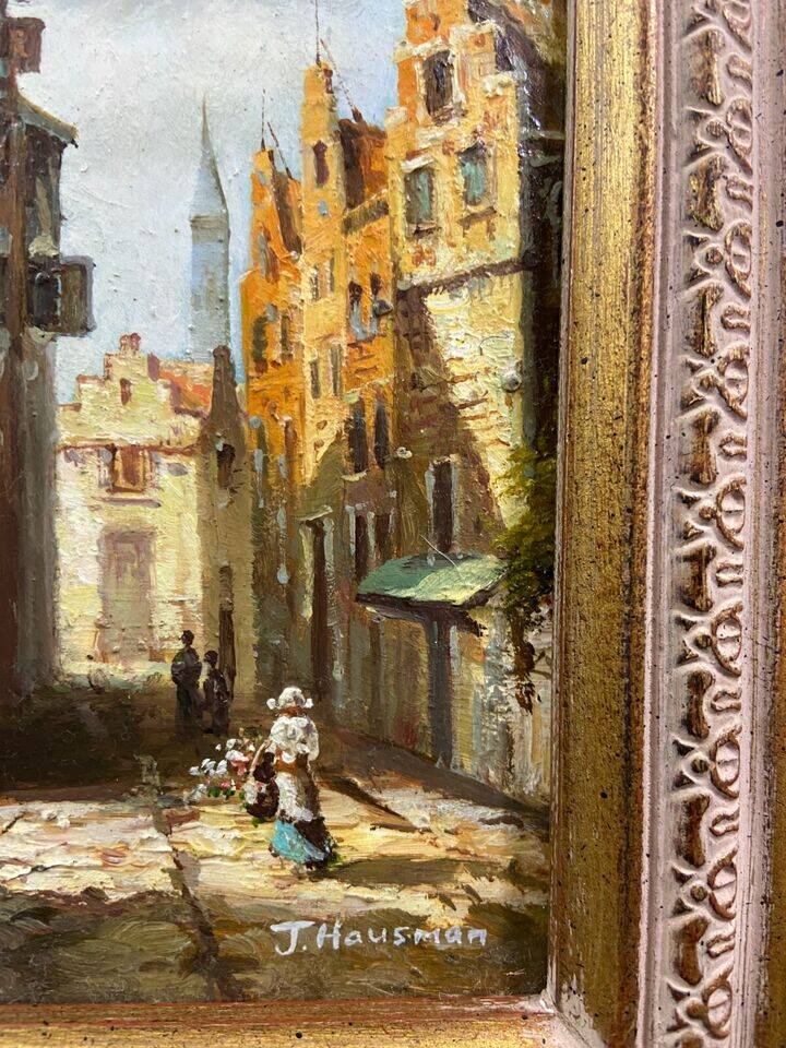 Oil painting on panel German school busy street Germany J. Hausman