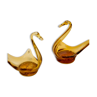 Pair of amber glass swans