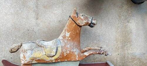 Ancien Cheval À Bascule XIXe Siècle En Bois Et Papier Mâché Peint
