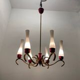 Lustre vintage en verre opalin et laiton 1950