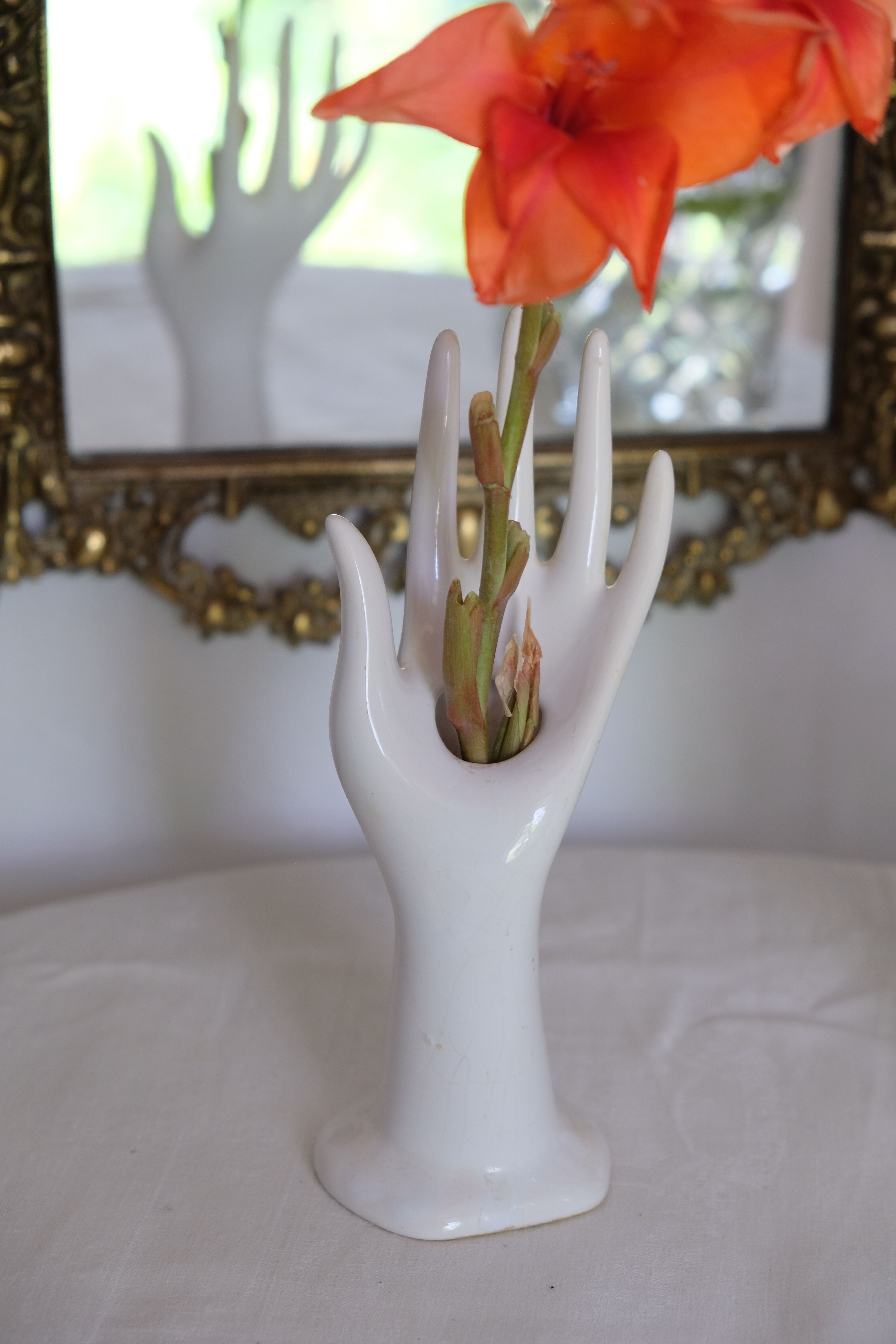 Hand baguier jewelry display or white porcelain vase 70s Vallauris