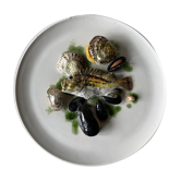 Plat barbotine vintage au poisson et fruits de mer