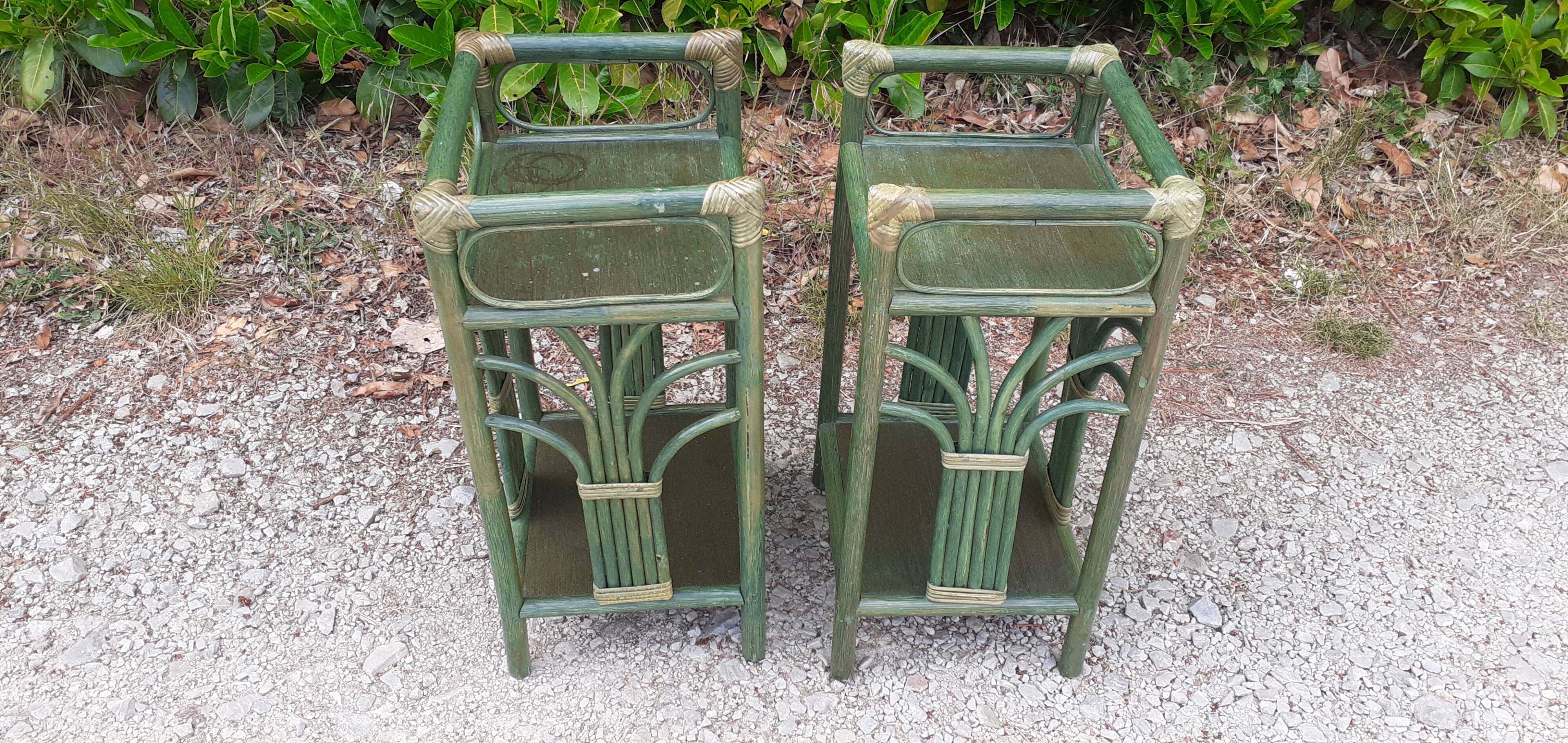 Pairs of bedside tables 2 green rattan shelves