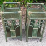 Pairs of bedside tables 2 green rattan shelves