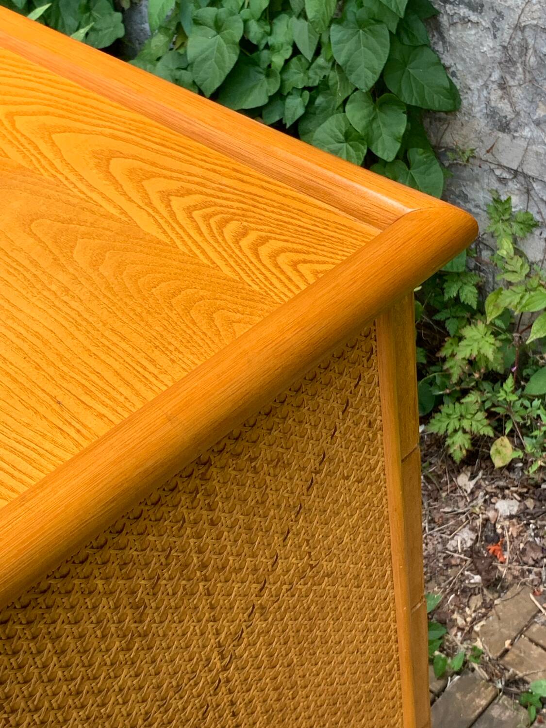 Chest of drawers and bedside table in rattan cane and oak, vintage 1970s