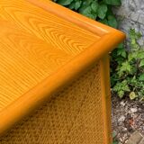 Chest of drawers and bedside table in rattan cane and oak, vintage 1970s