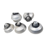 Industrial stainless steel pendant lights, circa 1970