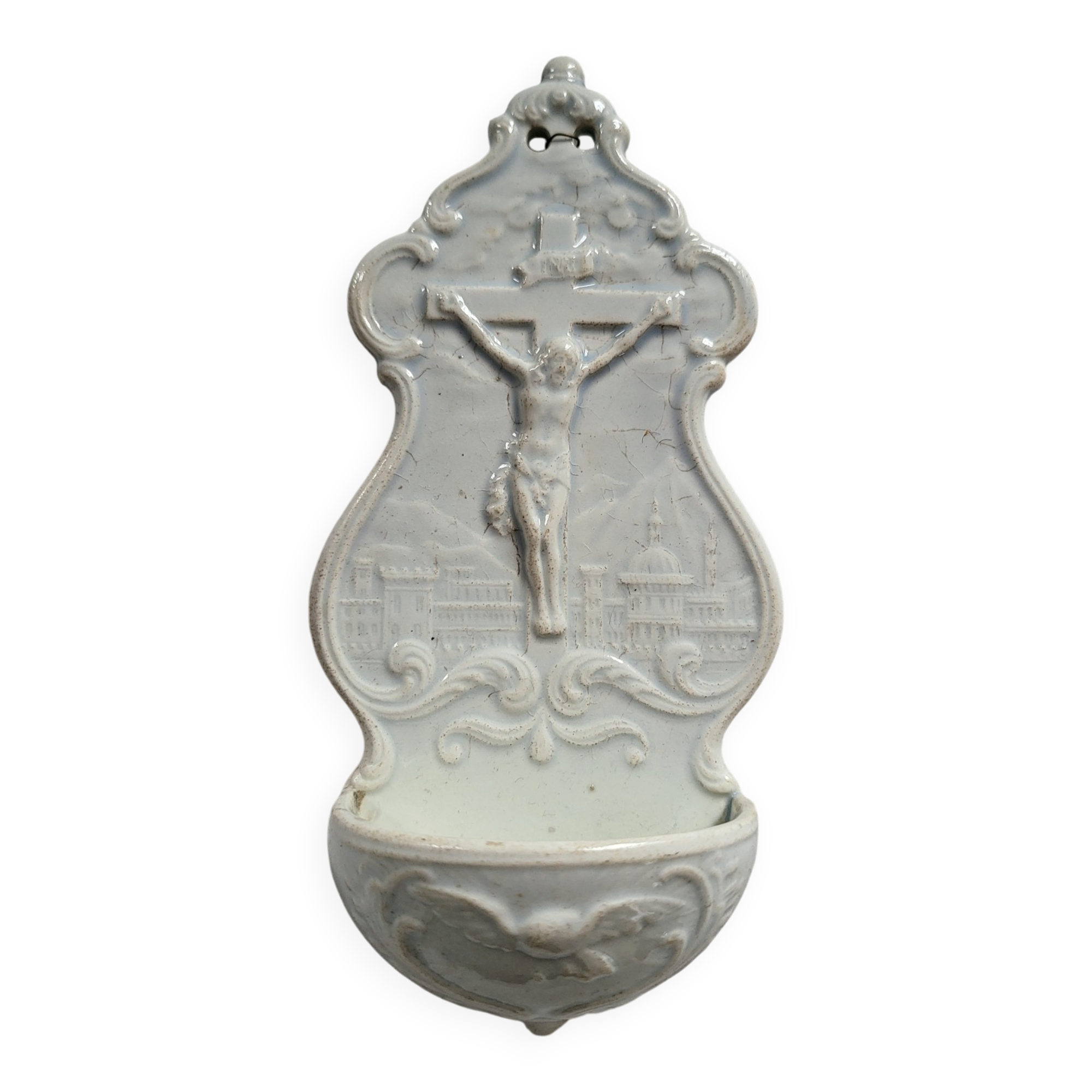 Antique Baptismal Font in Fine Faience Creil and Montereau White Christ Cross