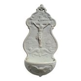 Ancien Bénitier en Faïence fine Creil et Montereau blanc Croix Christ