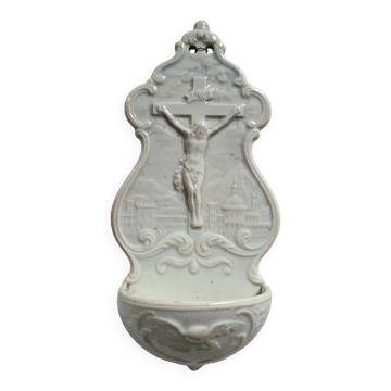 Antique Baptismal Font in Fine Faience Creil and Montereau White Christ Cross