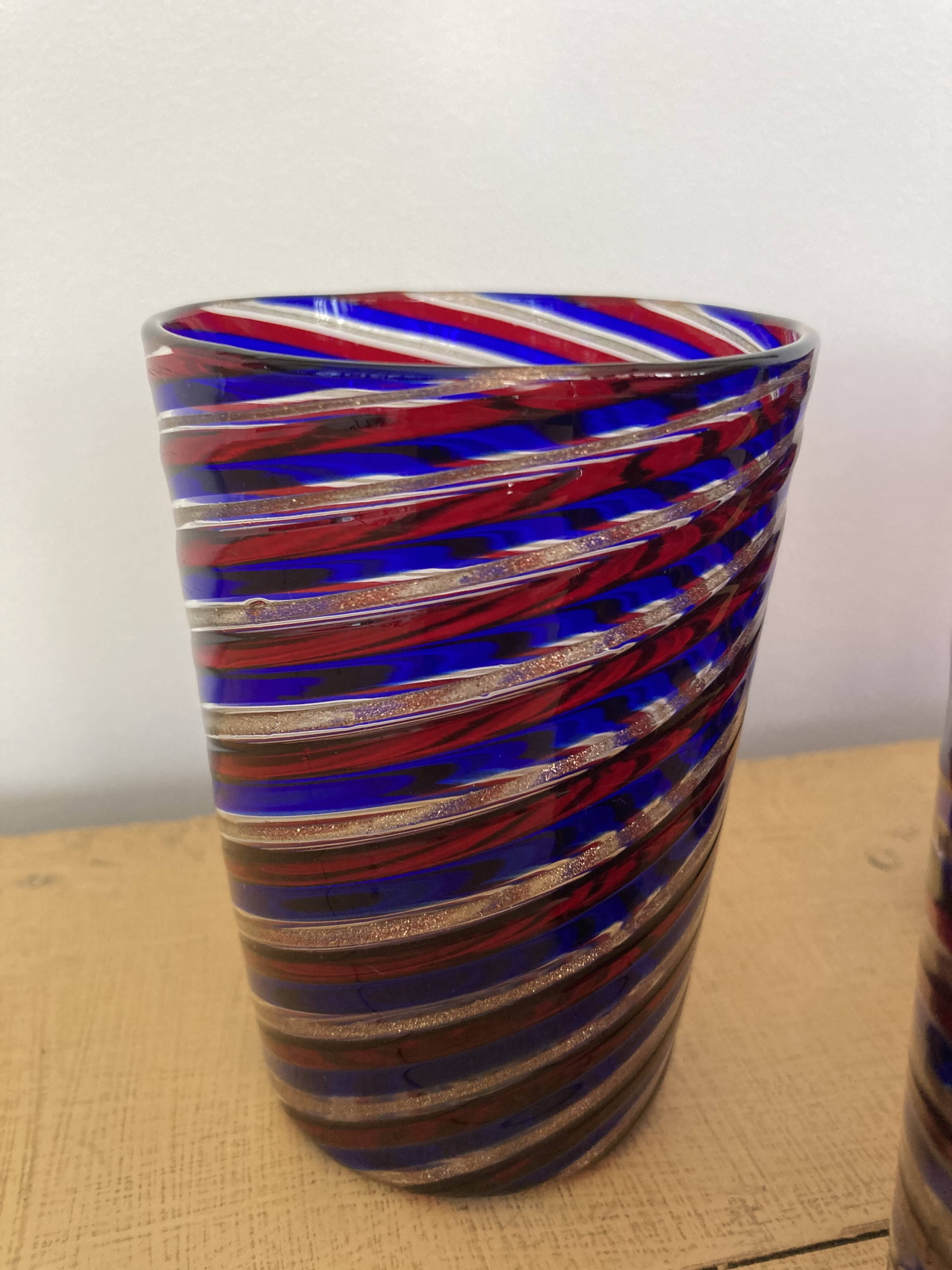 6 verres gobelets d'art Murano spirales tricolores