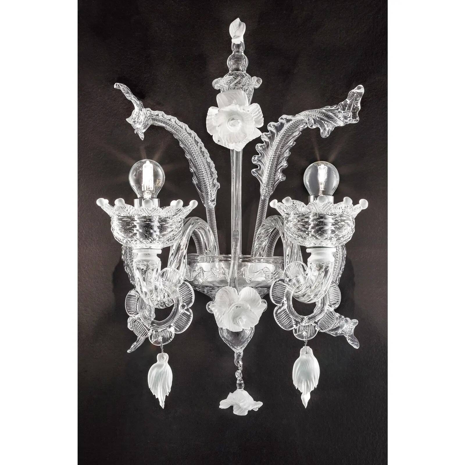 Venetian White and Transparent Floral Murano Glass Wall Sconce