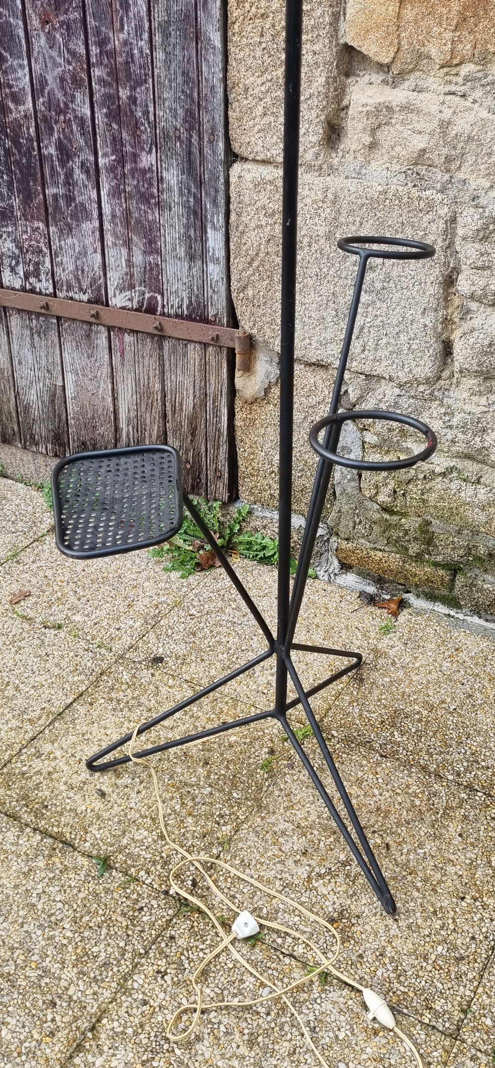 Tripod floor lamp, shelf and plant holder, vintage, 50s