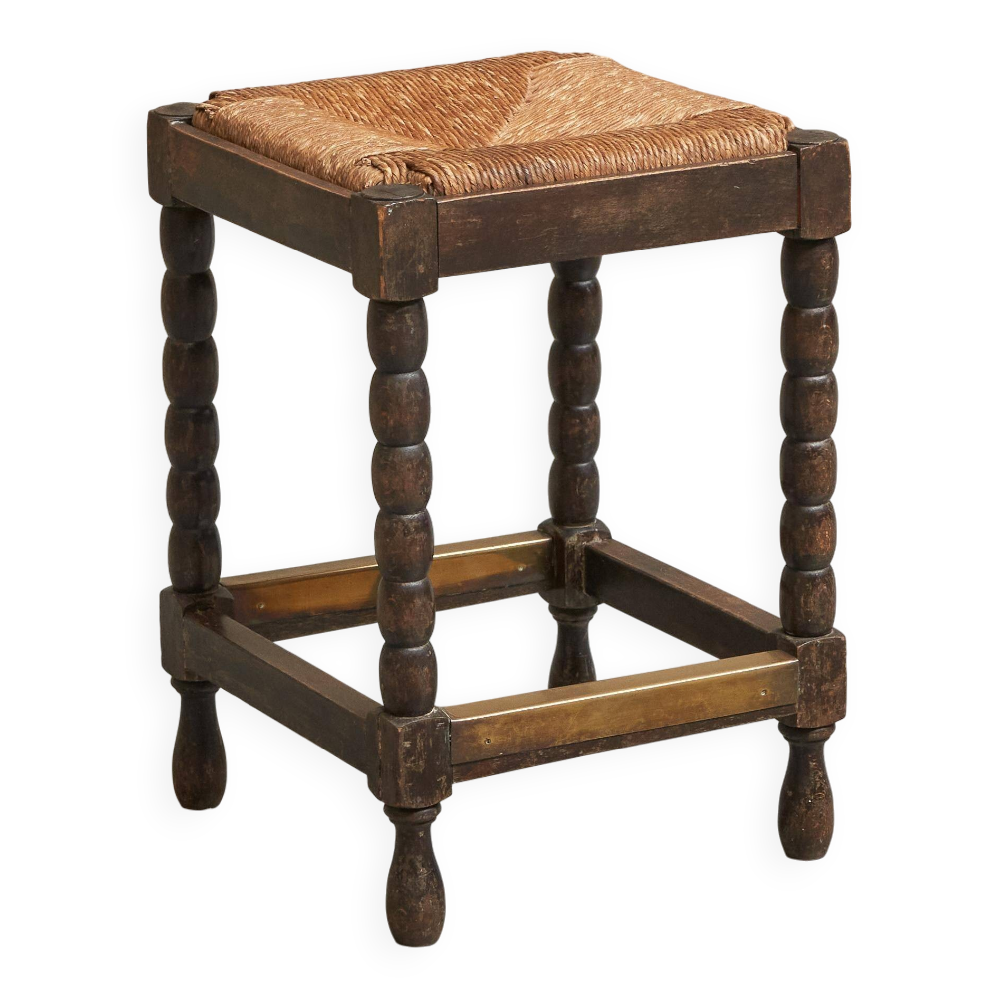 Solid oak stool, straw and brass from the 1920s.