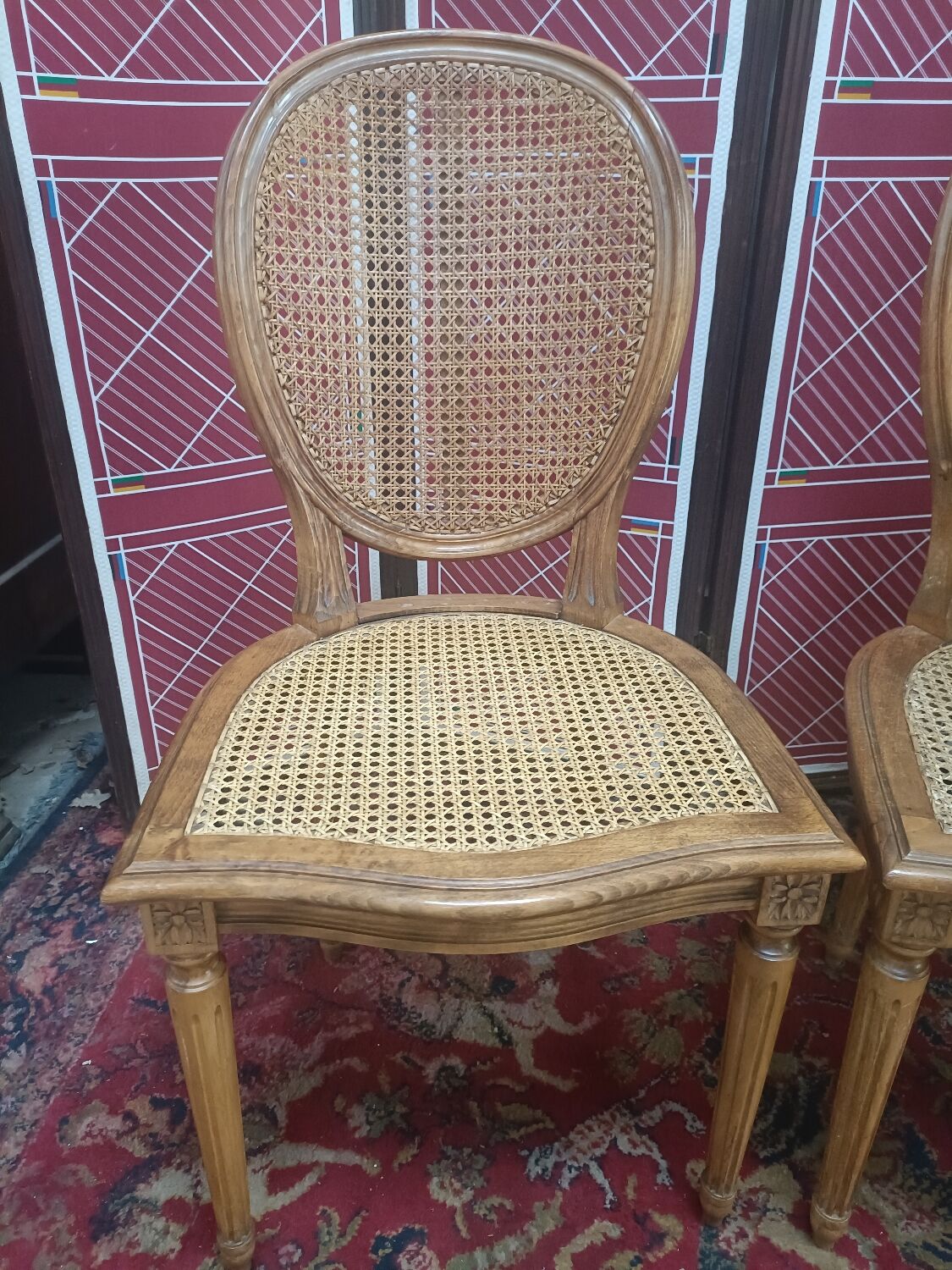 Louis XVI style medallion chairs, canned seat and back
